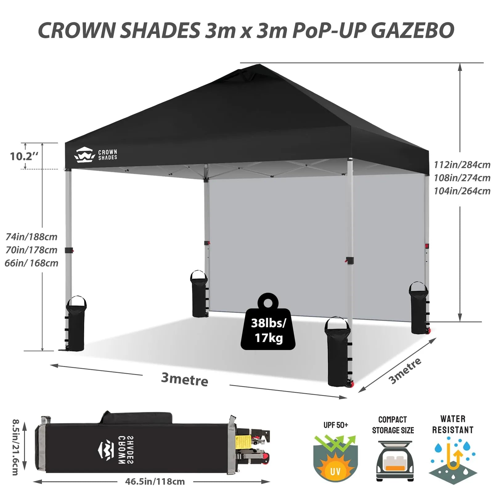 3m x 3m Pop Up Gazebo with Sidewall – One Push Waterproof Canopy
